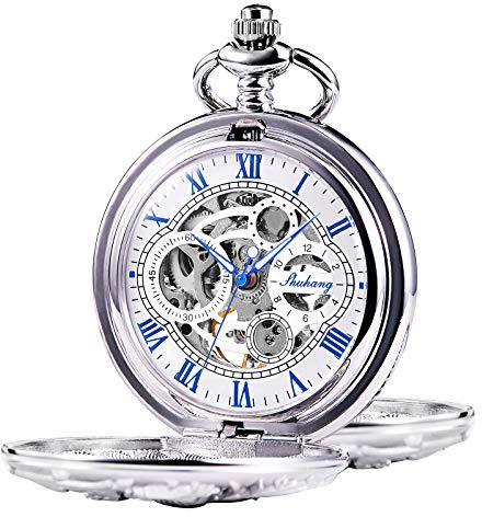 TREEWETO - Orologio da tasca unisex, con catena, analogico, caricamento a mano, doppia cerniera, scheletrato, design con drago, antico, argento