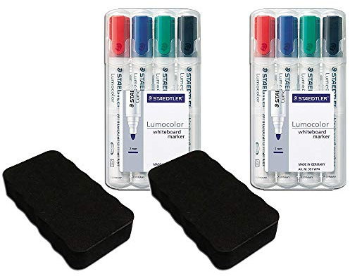 STAEDTLER 351 WP4 Lumocolor Whiteboardmarker, 4 Stück in aufstellbarer Box mit Löscher (Stifte + Löscher Schwarz, 2)