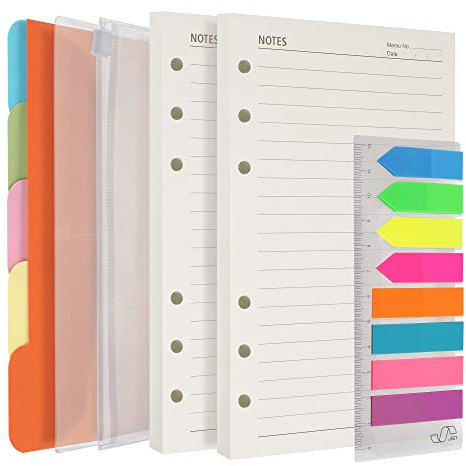 A6 Nachfüllpapier, 2 Packungen mit 200 linierten Seiten, 5 farbige Binder-Teiler, 160 PCS-Registerkarten mit Lineal, 2 PCS-Binder-Taschen für nachfüllbaren Journal Notebook Planner Organizer