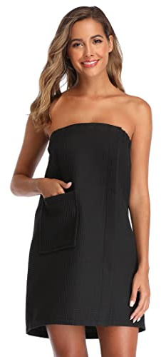 VISHOP Women's Bath Towel Wrap Waffle Spa Body Wrap with Adjustable Closure Quick Dry Lightweight Towel Robes with Pocket, Black S/M