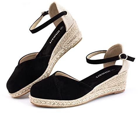 Womens Sandals Ladies Wide Fit Closed Toe Mid Heel Espadrille Wedge Sandals Strappy Party Shoes Comfortable Wedding Ankle Strap Black UK Size 5