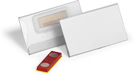 Durable Namensschild mit Magnet verdrehsicher, 25 Stück, transparent | Befestigung verhindert Verrutschen, 40x75 mm, für Konferenzen, inkl. Daumenstanzung, Einsteckschilder