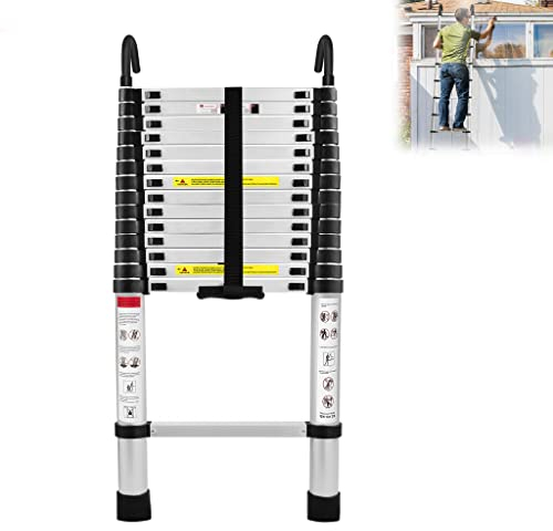 Aufun 4.4M Aluminium Teleskopleiter mit 2 Abnehmbarem Haken, Ausziehleiter, Rutschfester Schiebeleiter Sprossenleiter Teleskop-Design Mehrzweckleiter max 150 kg Belastbarkeit