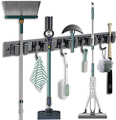 Airminti Besenhalterung Wand, 2 Stück Gartengerätehalter mit 5 Halter 4 Haken, Verschiebbar Abnehmbar Wandhalterung Besen Gerätehalter Edelstahl Selbstklebend für Zuhause Küche Badezimmer (Grau)