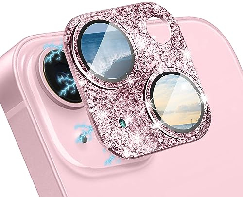 WoPail Glitzer Pellicola Protettiva Fotocamera per iPhone 15/iPhone 15 Plus, Anello Bling 9H Protettore Vetro Temperato Fotocamera per iPhone 15/iPhone 15 Plus Rosa