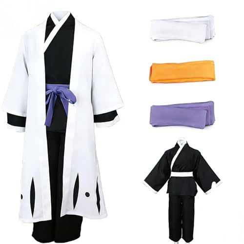 Anime Men's Japanese Kimono Cosplay Captain Costume Black Hakama white Kimono Set for Halloween(S)
