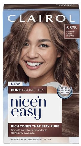 Clairol Nice n’ Easy Pure Brunettes Hair Colour | Pure and Rich Brown Tones | Smooth, Natural Hair Colour | With Pre-Colour Serum | 100% Grey Coverage | 6.5PB Lightest Latte Brown| Permanent Hair Dye