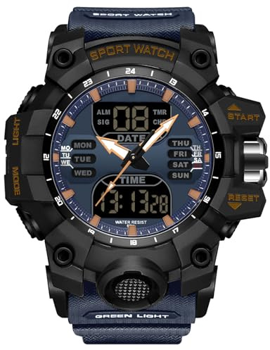 RORIOS Bracelet Militaire Homme Mode Sport Multifonction Électronique Montre Digitale Quartz Double Affichage 50M Étanche Noir Bleu