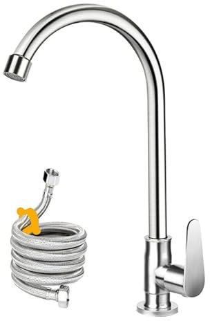Cold Water Only Tap,Ball Bearing Stainless Steel Cold Water Kitchen Tap Single Handle Single Hole Cold Water Tap for Kitchen,Outdoor, Garden and Bar with Hose and Longer Thread Pipe,Brushed Nickel