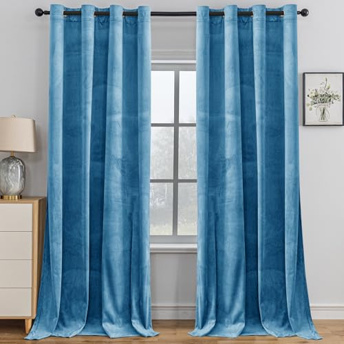 YSTELLAA Gardinen Samt 2er Set, 140×225 cm, Verdunklungsvorhänge Mit Ösen, Vorhang Blickdicht Wohnzimmer Modern, Thermovorhang Schlafzimmer, Schallschutz Vorhang, Blackout Curtain, Hellblau