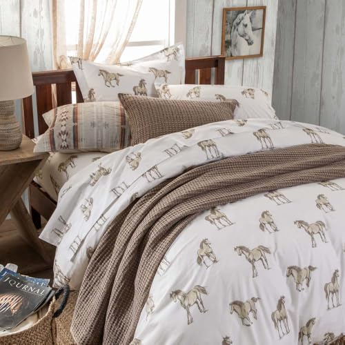 Rod's True Western Easy Rider Horse Queen Duvet Set – 3 Piece Western Bedding, Tan Brown White Cotton with Standard Shams