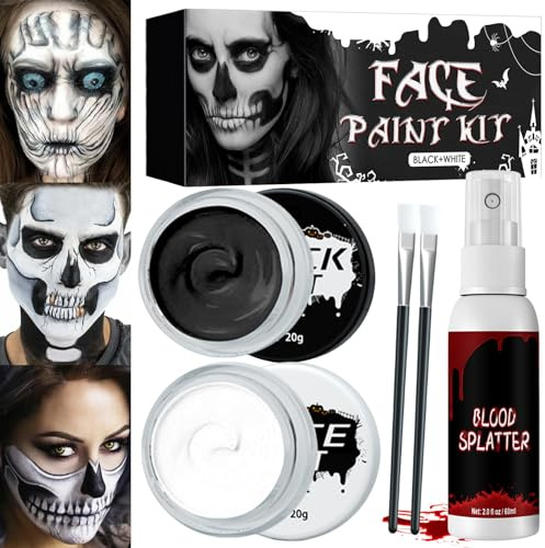 SOETDERT Maquillaje Halloween Blanco y Negro, Pintura Cara Halloween, Pinturas Corporales Blanco Negro con Pinceles, Halloween Makeup Niños Adulto para Halloween, Carnaval, Fiesta