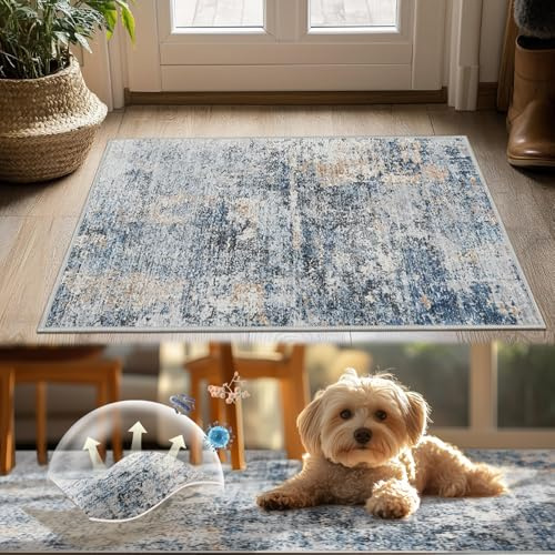 TOPICK Fußmatte Waschbar Fussmatte Innen Modern Abstrakte Teppich Dünner Antibakterieller Faltbar rutschfest Türmatte Weich für Haustür Eingangs Küche Patio Flur Schlafzimmer 60x90cm Blau