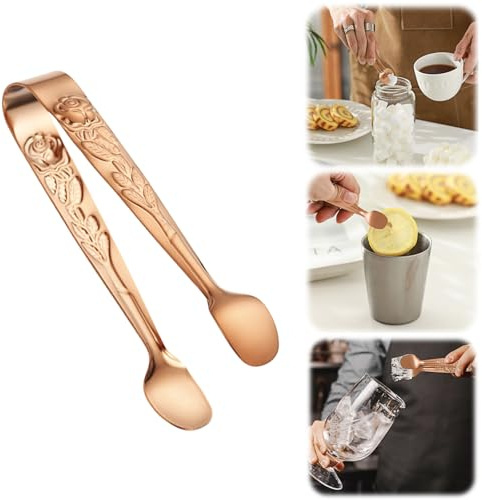 Vintage roshandtag sockertång, ros relief rostfritt stål iskubsklämmor socker tänger små matklämmor för te och kaffefest, förrätter efterrätter kök barartiklar (roséguld)