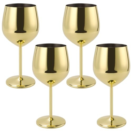 MUKLEI 4 PCS 500ml/18oz Gold Wine Glasses, Stainless Steel Shatterproof Wine Glasses, Metal Goblets Cups for Party, Wedding, Anniversary, Outdoor