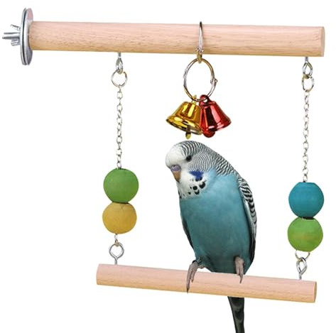 Vogelschaukel aus Holz, lustig, Naturholz für Papageien, Sitzstange mit Glocke, Trainingsständer, Übungsständer, Vogelspiel, Fitnessstudio für Sittiche, Sittiche, Nymphensittiche