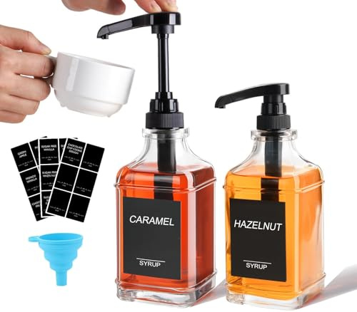 AXIM Coffee Syrup Dispenser,Coffee Set of 2 Syrup Bottles with Pump and Labels,17 oz/500ml Glass Syrup Bottle for Coffee Bar Essentials