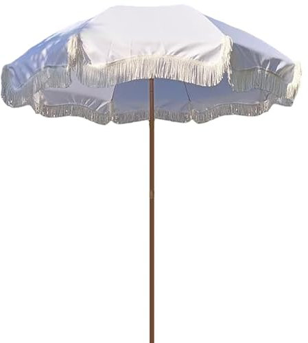 EYTVYUWPT Ombrellone Da Giardino Inclinabile Con Frange Bianco Ombrellone Da Spiaggia Portatile Per Esterni UPF 50+, Palo Di Legno Colorato Φ3,2 Cm