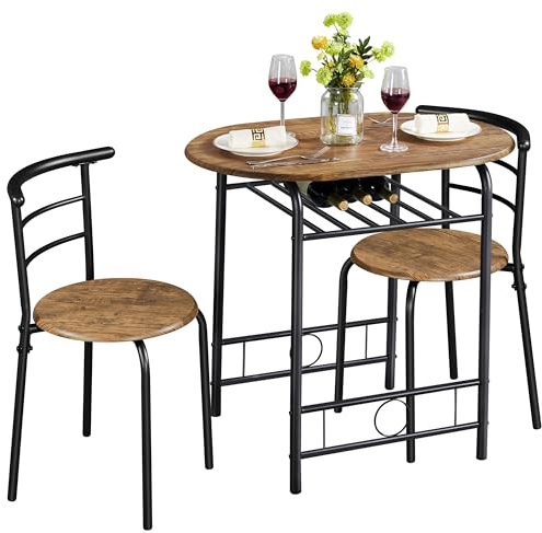 Yaheetech Esszimmerstühle, Essgruppe für 2 Personen, Tischgruppe mit Holzbein, 1 Esszimmer mit Ablagefach und 2 Küchenstühl mit Rückenlehne, 80 x 53 x 73,5 cm Braun