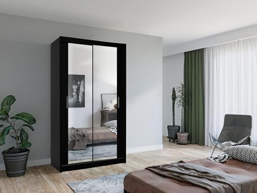 Krudox LUX Schwarz Schiebetürenschrank Kleiderschrank 100x216x62 cm mit Spiegel - Schlafzimmermöbel, Aufbewahrung – Mehrzweckschrank mit 2 Kleiderstangen