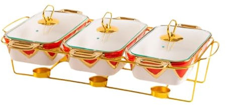 Pitycbo Buffet Set with Chafing Dish And Ceramic Casserole for Food Serving, Gold Red
