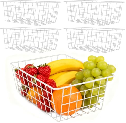 SOUJAP 5 Pcs 28 x 21.8 x 12 cm White Wire Basket Shelf, Metal Wire Storage Basket for Shelves Kitchen Cabinet