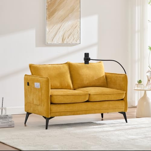 OOIILLEE Canapé 2 Places, Petit canapé Double, canapé Deux Places rembourré avec Poche latérale de Rangement + Support réglable pour téléphone Portable pour Salon, Appartement (Jaune)