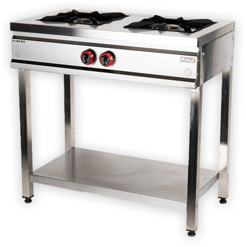 Romux Cuisinière industrielle à gaz 2 feux de 90 x 50 cm avec meuble horizontal en acier inoxydable avec régulateur de feu et thermocouple | Réchaud à gaz butane pour bars et restaurants