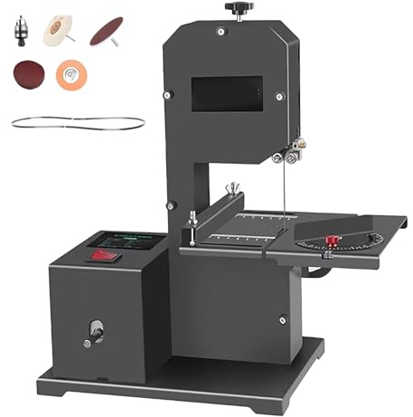 Sierra de cinta de sobremesa profesional para pequeños talleres, sierra de cinta para carpintería de 1750 RPM con accesorios, mesa de metal con inclinación de 0-45°