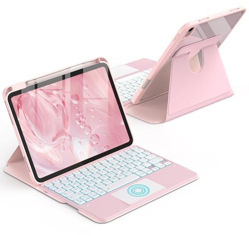 CACOE Giratorio 360°Funda Teclado para iPad A16 11/10 Gen con Touchpad | Teclado Retroiluminación de 7 Colores, Inalámbrico Desmontable Soporte Integrado para 11/10.9 Pulgadas 2025/2022, Rosa