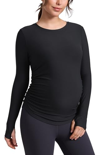 CRZ YOGA Womens Cloudweight Maternity Long Sleeve Tops Ruched Casual Athletic Workout Lightweight Pregnancy Shirts Black 10