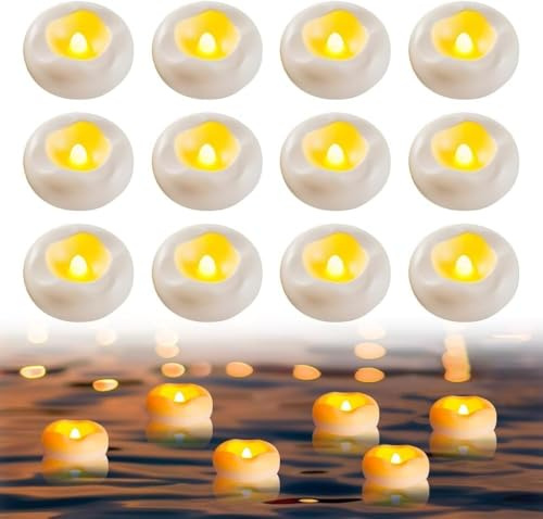 yotutun Pack of 12 Floating Candles, Floating Candles, White, 5.8 x 2.5 cm, Waterproof LED Floating Candle, Flameless Floating Candles for Dinner, Weddings, Bathroom, Pool, Home Decoration
