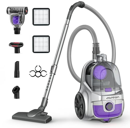 Aspiron Canister Vacuum, Upgraded 1600W Bagless Canister Vacuum Cleaner, Auto Cord Rewind, H13 HEPA Filter, 3.7Qt Large Capacity, 5 Tools for Hard Floors, Carpet, Pet, Upholstery, Tiles, Violet