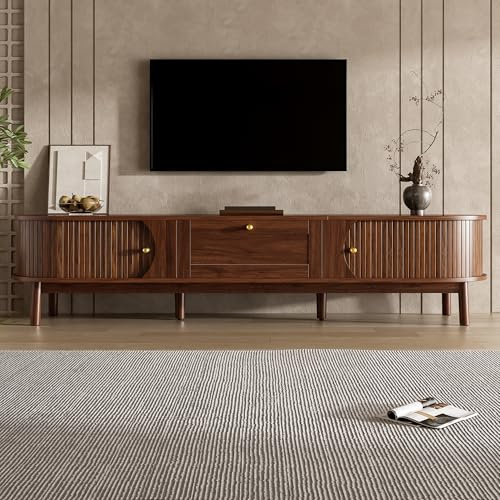 Merax TV-Schrank Lowboard aus Massivholz mit Schubladen, moderner TV-Ständer mit Stauraum, Holz TV-Board Wohnzimmer, abgerundete Ecken,Nussbaum,170 L x 39,5 B x 38H(cm)