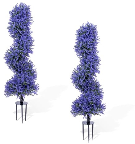 RBFGYIOP 2pcs Lavanda Artificiale a Spirale – Pianta Finta PE con Palo in Ferro, Supporto Terra in Ferro e Cuscinetto in Spugnetta di Polietilene, Decorazione Esterna per Giardino e Balcone