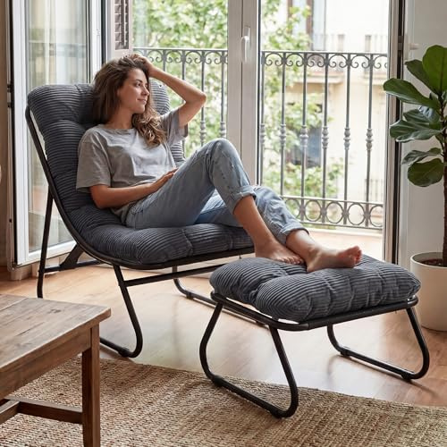 Villeston Ohrensessel mit Hocker, Bequemer Lesestuhl | Ergonomischer Lounge-Stuhl für Wohnzimmer, Schlafzimmer oder Büro auch für Terrasse, Balkon, Garten, Indoor & Outdoor, Marine