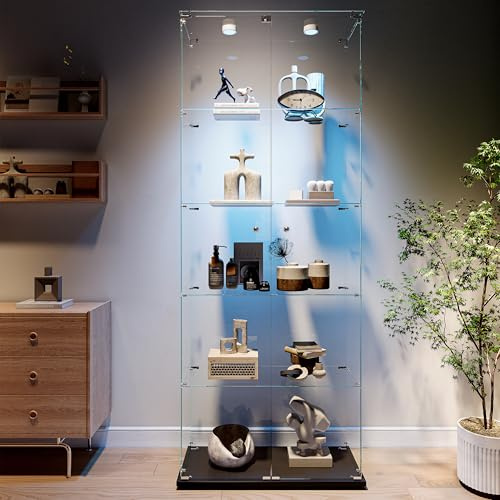 KOOPMAD 72 Glass Display Cabinet with LED,5-Shelves Showcase Cabinet,Black