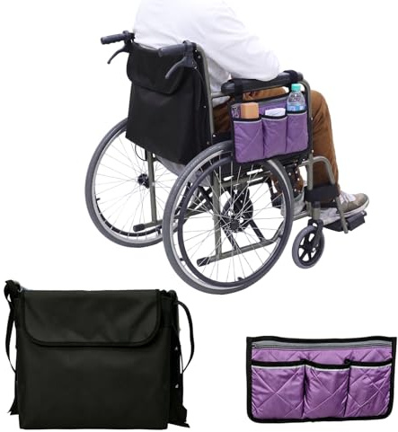 2er Set Rollstuhltasche f. Rückenlehne+Armlehne, m. RV, Fächern, Reflexstreifen, wasserabweisend | Oxford (wasserabweisend), für Rollstühle Rollatoren Gehhilfen, schwarz+lila