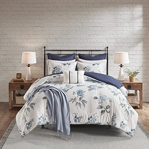 Madison Park Zennia Farmhouse Comforter Set with Throw-Blanket, Floral Print on Seersucker Textures, All Season Bedding, Matching Shams, Toss Pillows, Full/Queen(90x90), Blue 7 Piece