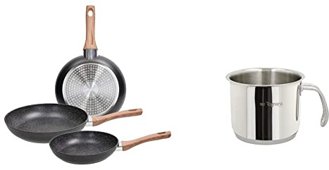 Tognana Set 3 padelle 20-24-28 cm, Alluminio, anche a Induzione, Nero & Vanitosa Bollilatte, Acciaio Inossidabile, Argento