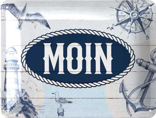 LANOLU Blechschild retro MOIN - maritime Anker Deko für Garten und Küche - Einweihungsgeschenk Wohnung für Freunde und Familie Schild - Einzug Geschenk, 15x20 cm