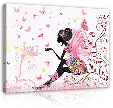 WallArena Leinwand Bilder Kinderzimmer Mädchen Fee Schmetterlinge 100x75 cm | Leinwandbilder, Bild auf leinwand, Wandbild XXL groß Wandbilder für Wohnzimmer Schlafzimmer Wohnzimmerbilder