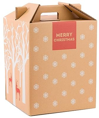 Pack de 4 cajas de cartón para lote con asas. Lote o cesta con impresión navideña para regalo de panera, botellas, envío lote. Capacidad para 9 botellas