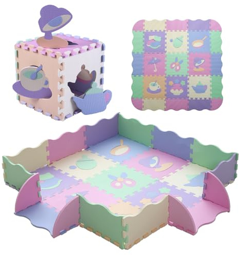 Tamiplay Tapis de jeu en mousse pour enfants - 25 pièces - Tapis de sol puzzle carré emboîtable pour bébé - Tapis de jeu en mousse pour tout-petits avec clôture (Mashup-CSH023