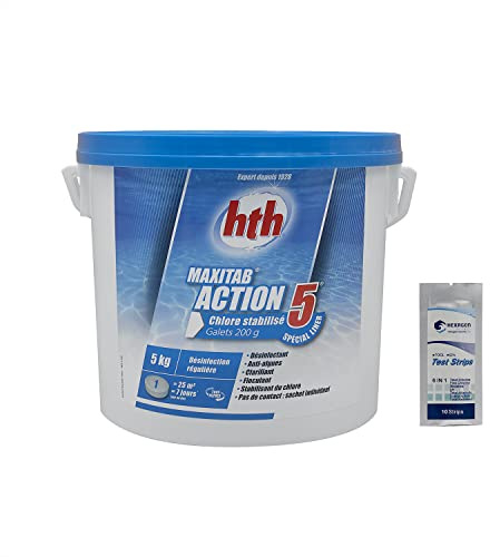 HTH MAXITAB ACTION 5 Galet 200g Spécial Liner - 5kg | Chlore Lent Stabilisé Multiaction - Désinfection Régulière Multifonction - Dissolution Lente - Sans sulfate de cuivre + 10 Tests HPS OFFERT 6 en 1