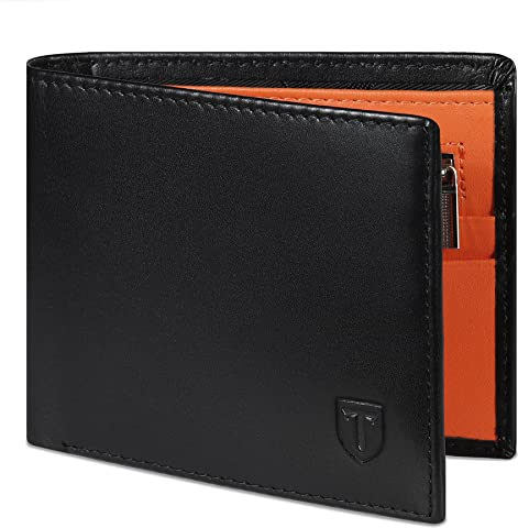 Wallets for Men UK with RFID Blocking Slim Wallet with Coin Pocke, 11 Card Slots, 2 Note Pockets, ID Window & Gift Box - Black & Orange