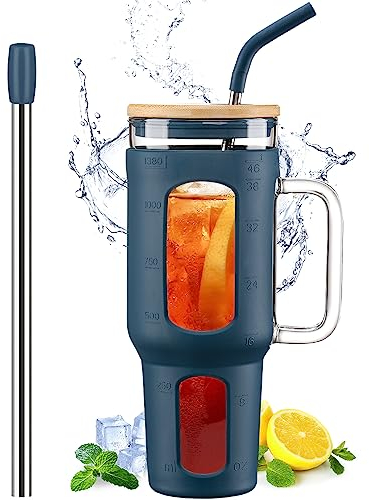 WINSA Glass Tumbler With Lid and Straw, 46 oz Iced Coffee Cup With Handle, Water Bottle With Silicone Sleeve - Pearl and Drinking Straw, BPA Free-Blue