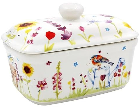 Garden Birds Ceramic Butter Dish with Bluetit and Robin, (95451)