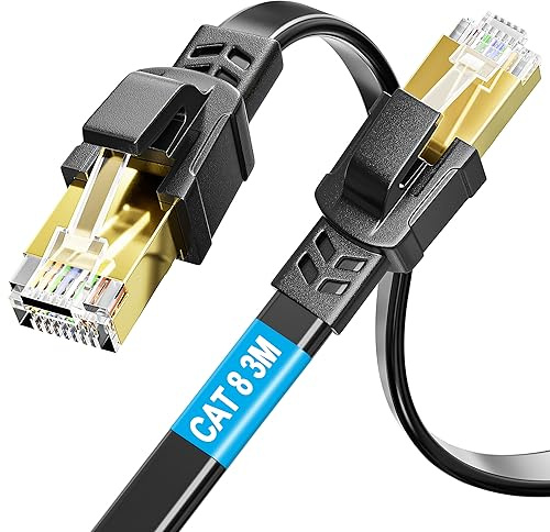 Soibke Cat 8 Cable Ethernet Plat Cable RJ45 3 Mètres Blindé Gigabit | Cable Internet Haut Debit 40Gbps 2000MHz Câble Réseau 3m Haute Vitesse Câble Patch Cable LAN Anti-brouillage pour Routeur