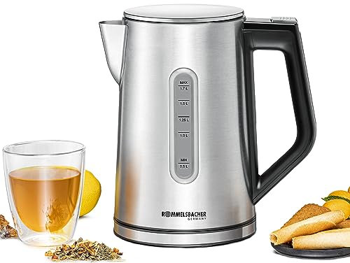 ROMMELSBACHER Wasserkocher WK 3000 – Stiftung Warentest Sieger 3/2025, 1,7 Liter, 1-Tasten-Steuerung, Stellstart-Funktion, Temperaturwahl von 45-100 °C, geschlossener Kannenboden, Kochstoppautomatik